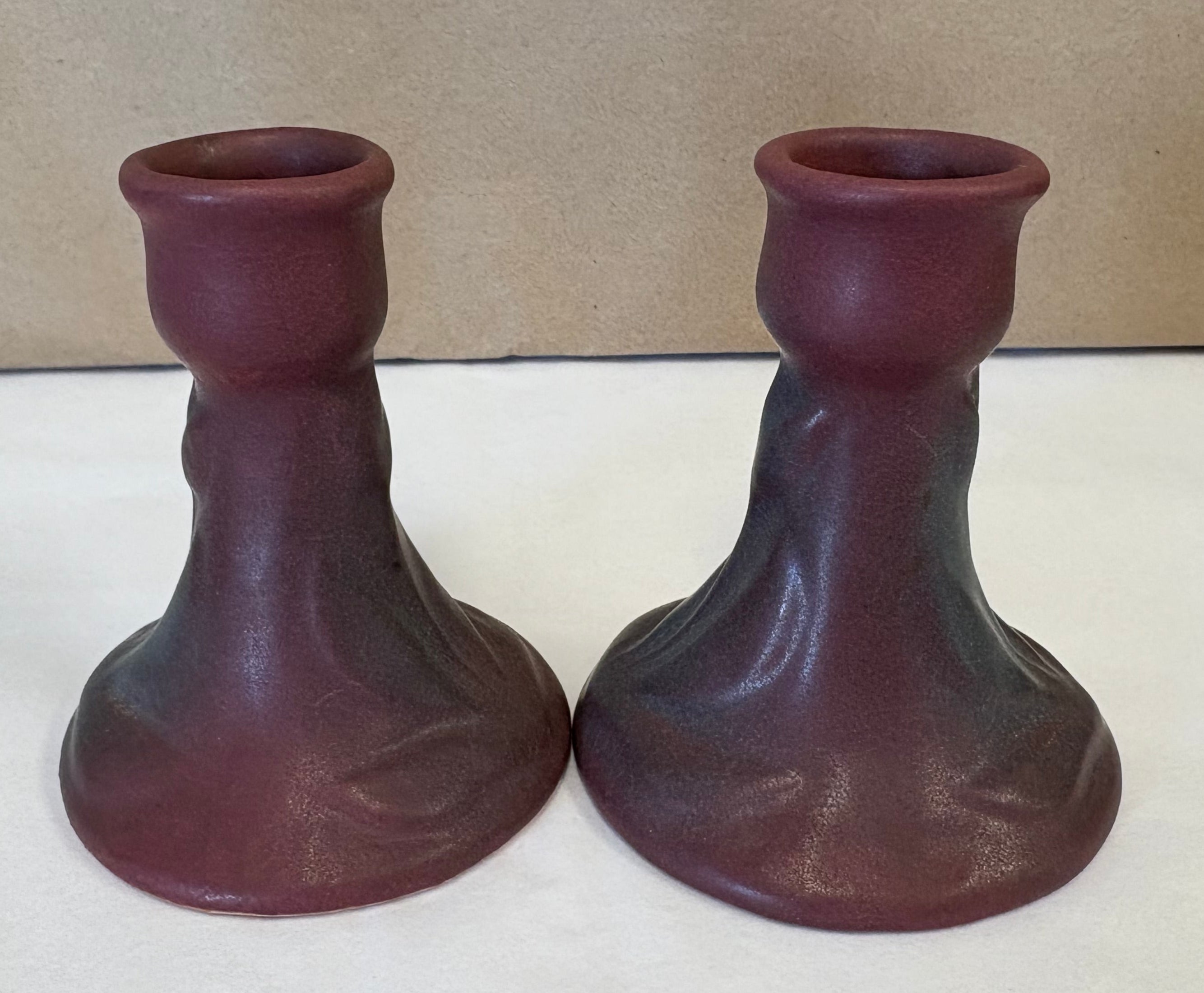 Van Briggle tulip taper candle holders, mulberry & gray art pottery