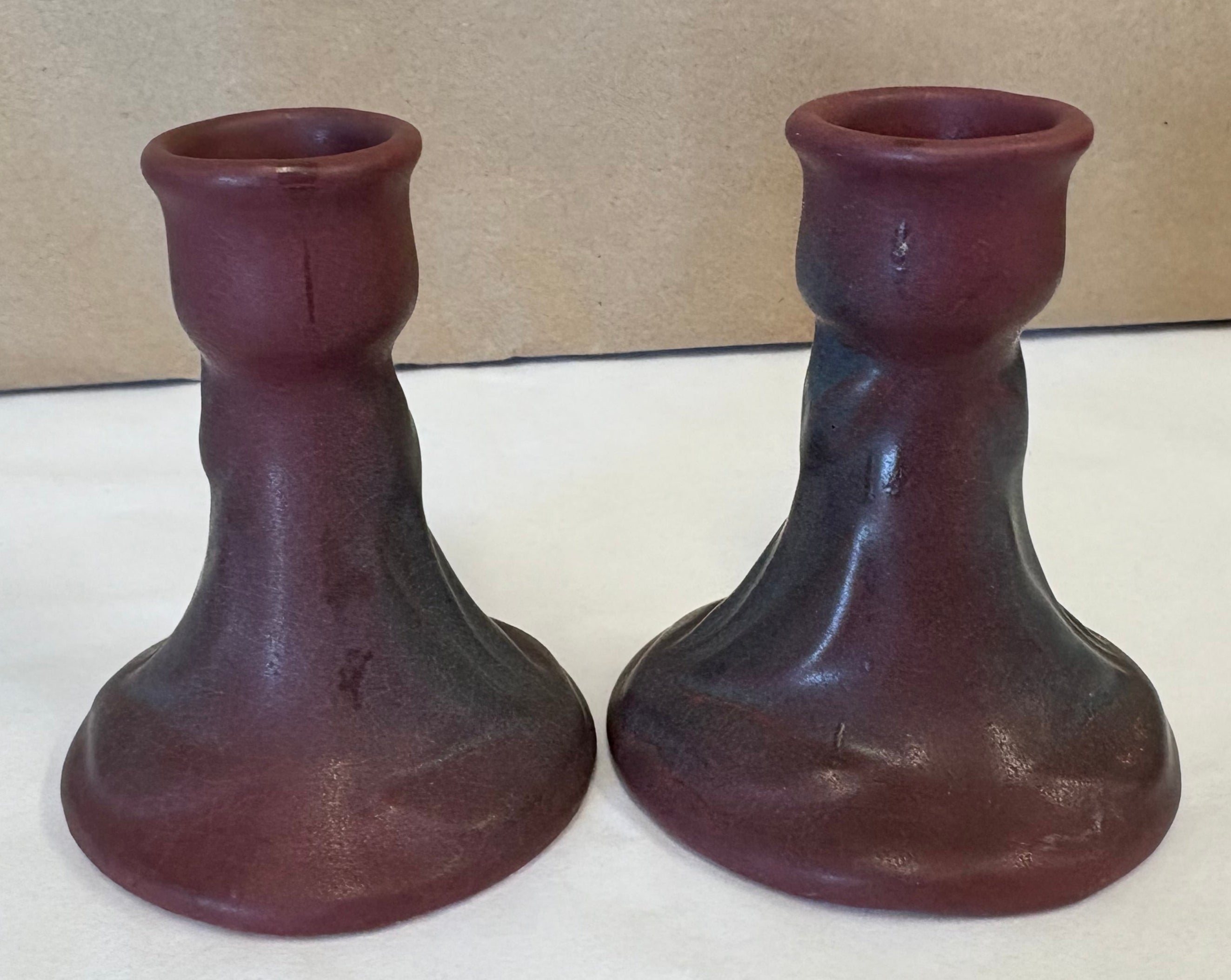 Van Briggle tulip taper candle holders, mulberry & gray art pottery