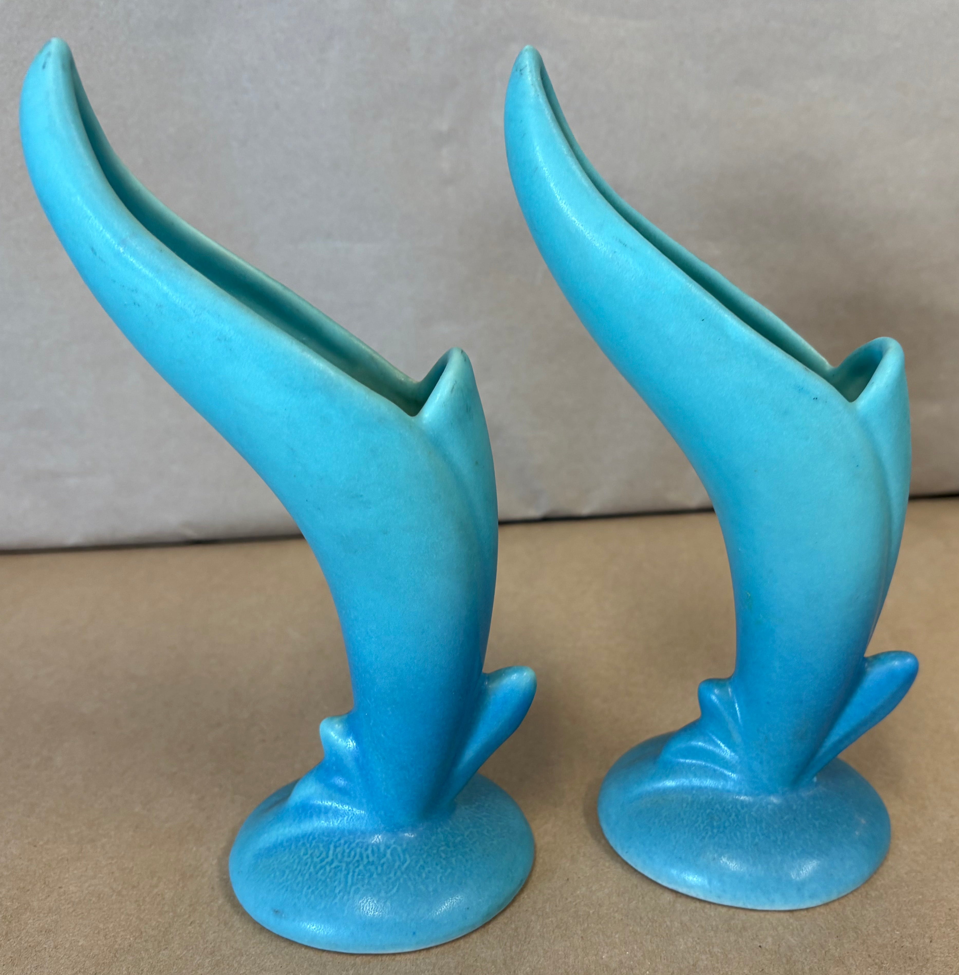 Pair of turquoise Van Briggle lotus candlestick or vase