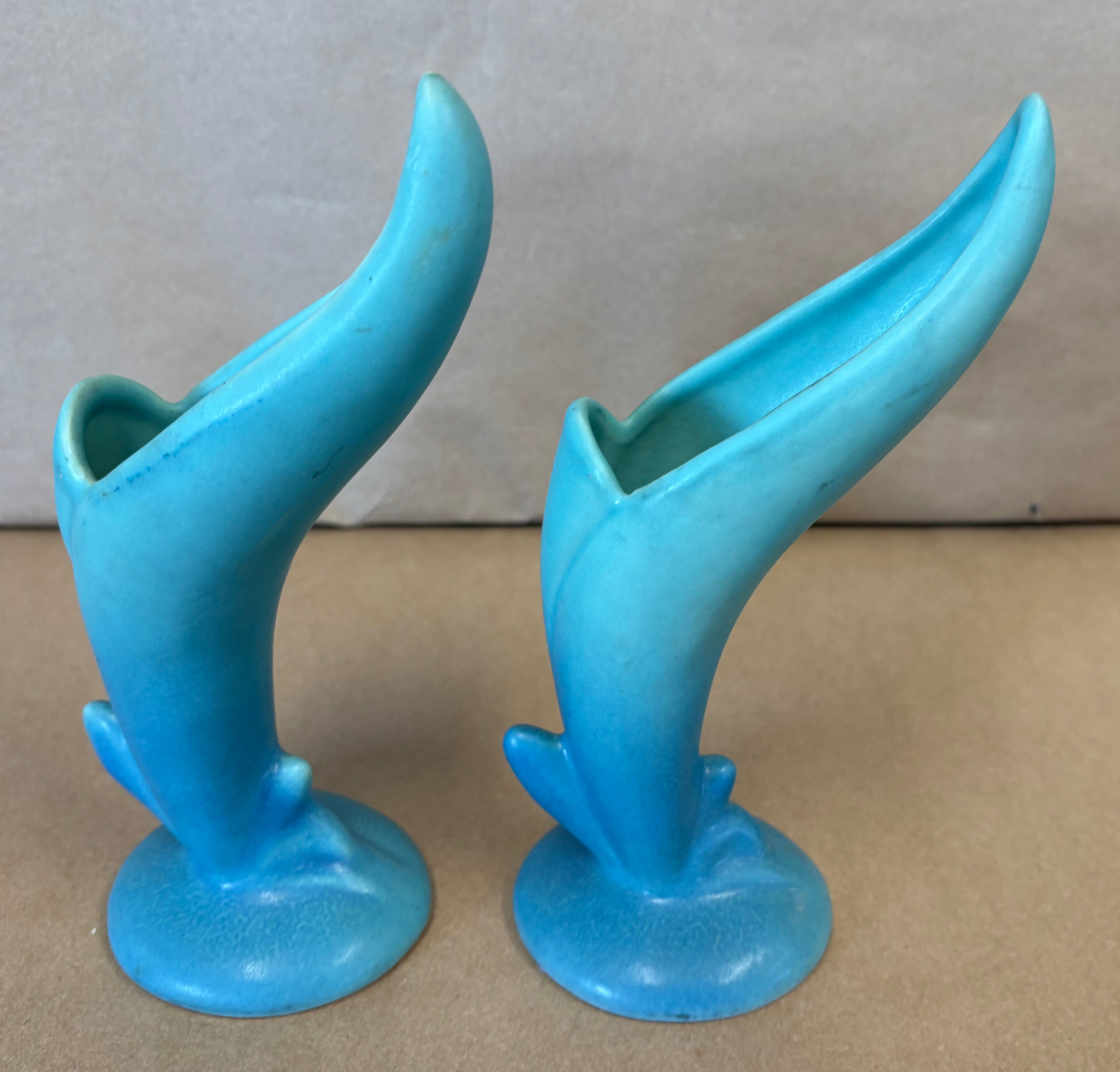 Pair of turquoise Van Briggle lotus candlestick or vase
