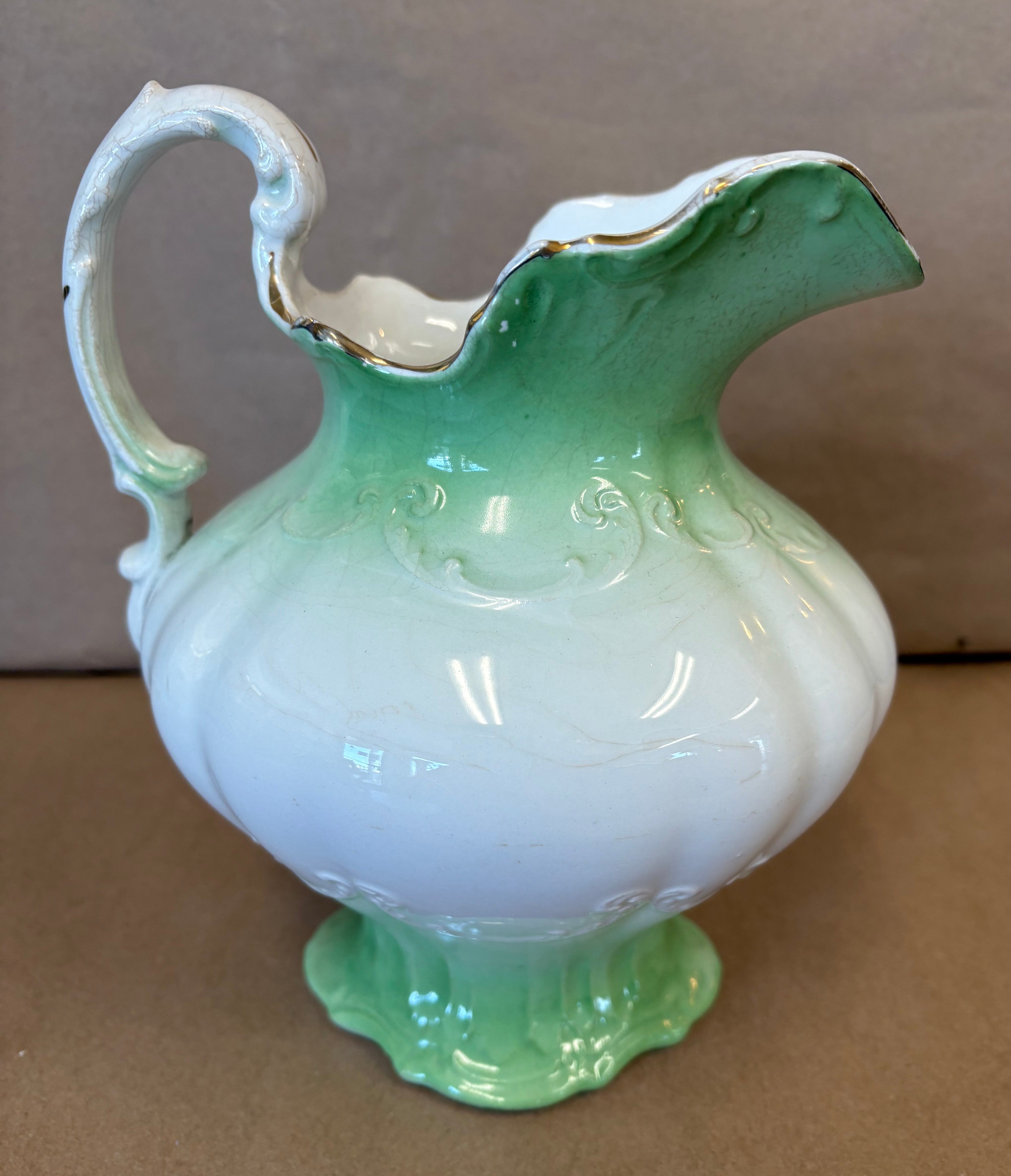 Large white & green Owen Minerva pitcher 
