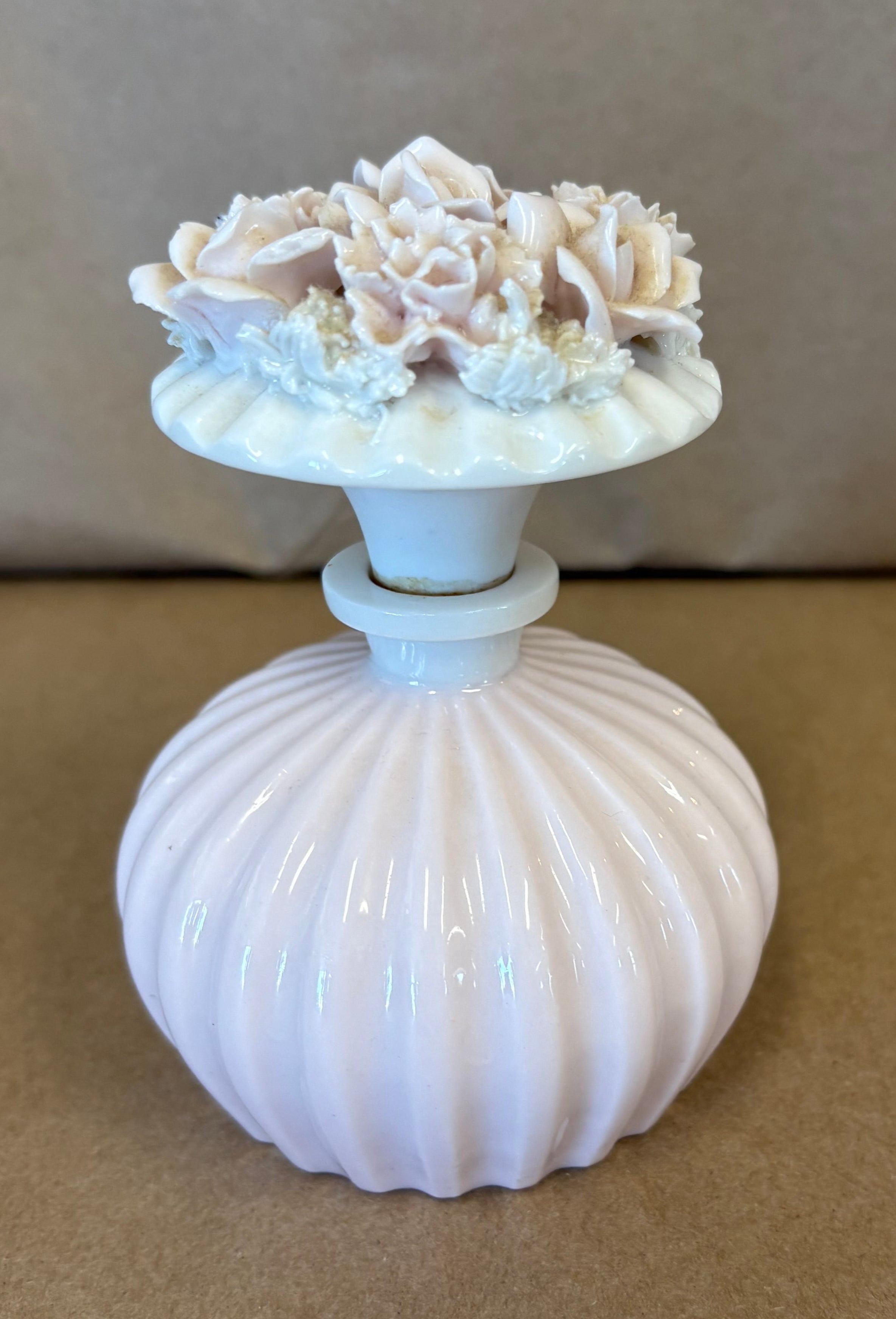 Icice LW Rice & Co, floral pink perfume bottle with stopper