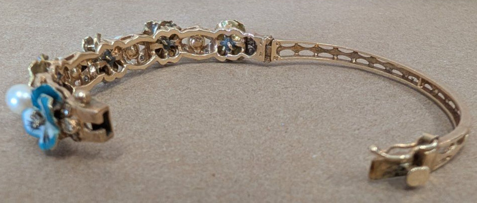 14KG Van Gogh enameled Bangle Bracelet - pansies, pearls, diamonds!