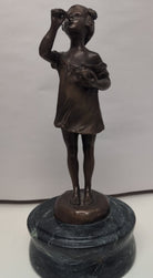 Vintage Suzanne Bizard signed Bronze Statue "Girl Blowing Bubbles" on marble base