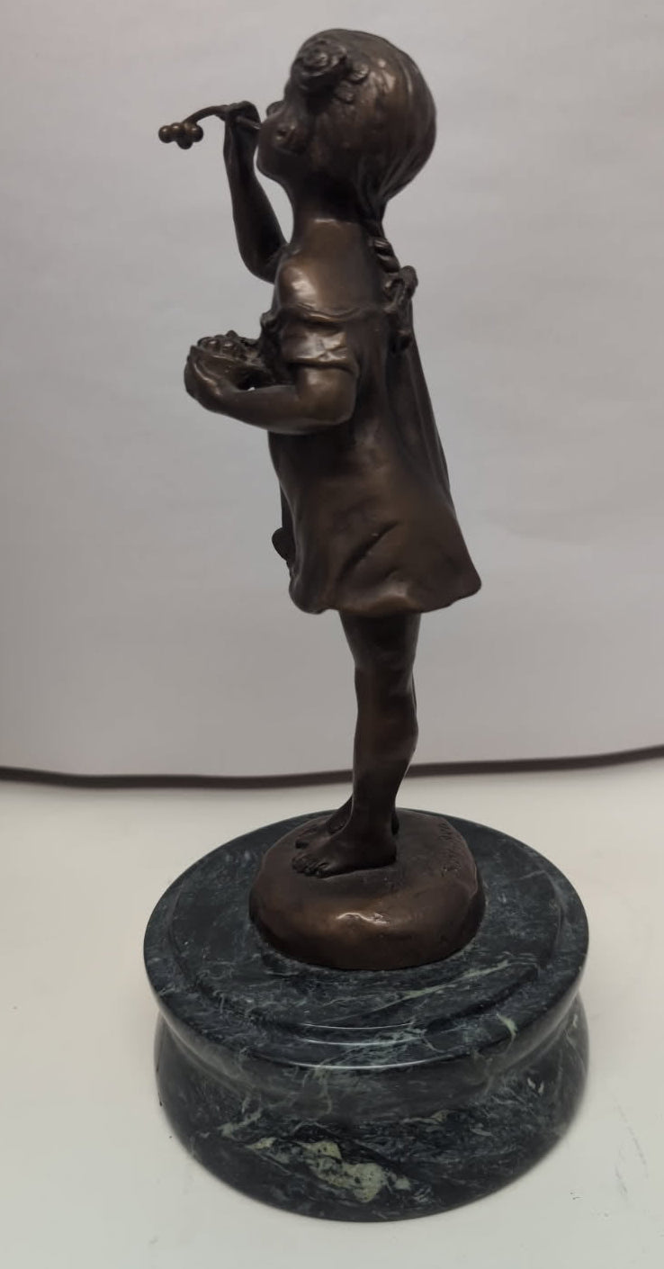 Vintage Suzanne Bizard signed Bronze Statue "Girl Blowing Bubbles" on marble base