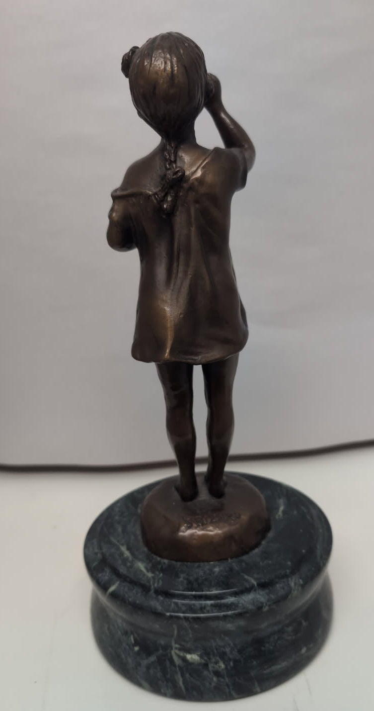 Vintage Suzanne Bizard signed Bronze Statue "Girl Blowing Bubbles" on marble base