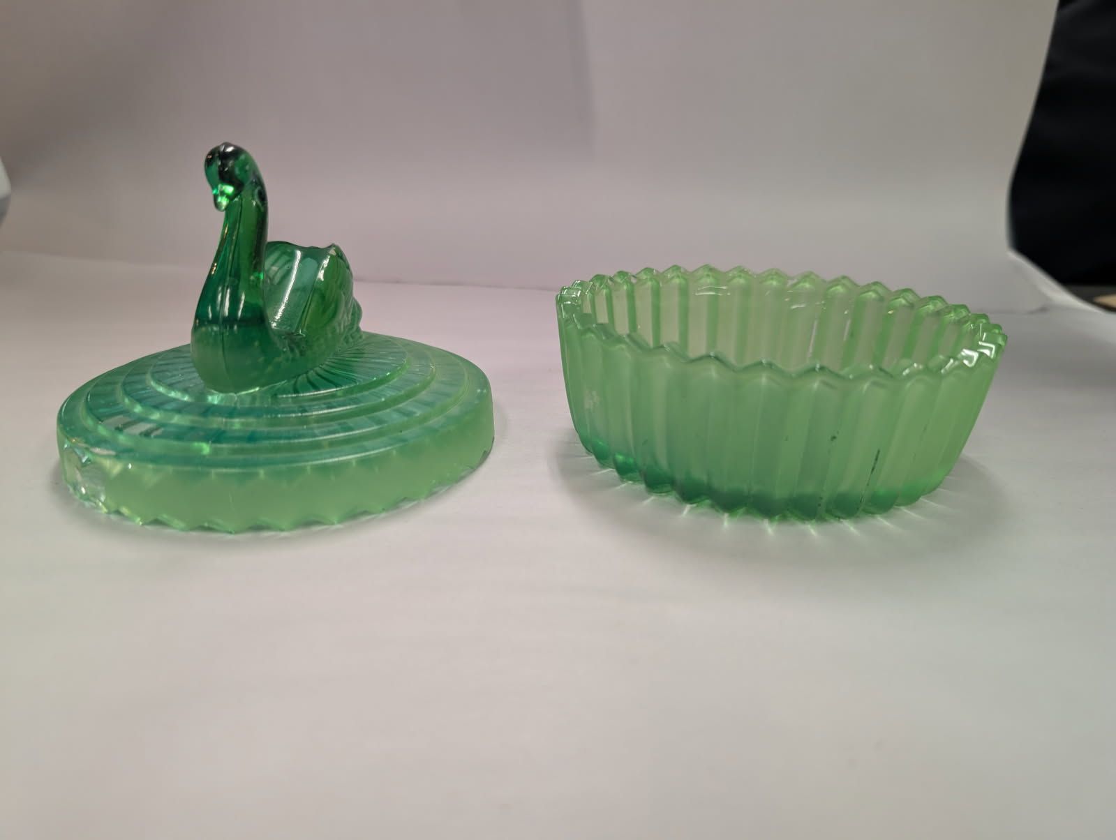 Vintage green depression glass swan candy jar
