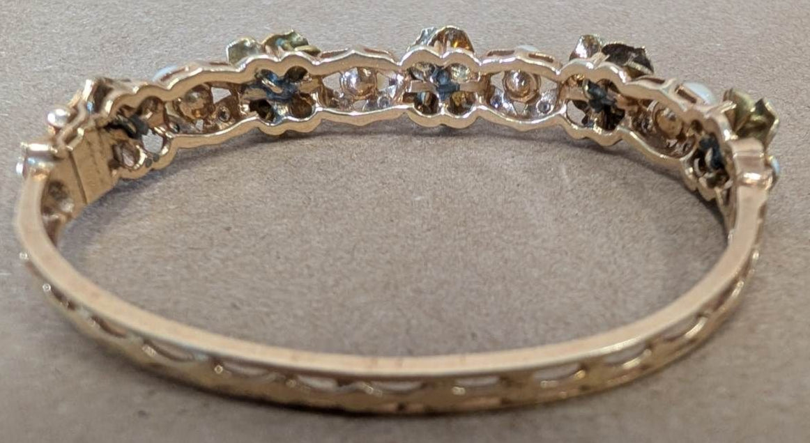 14KG Van Gogh enameled Bangle Bracelet - pansies, pearls, diamonds!
