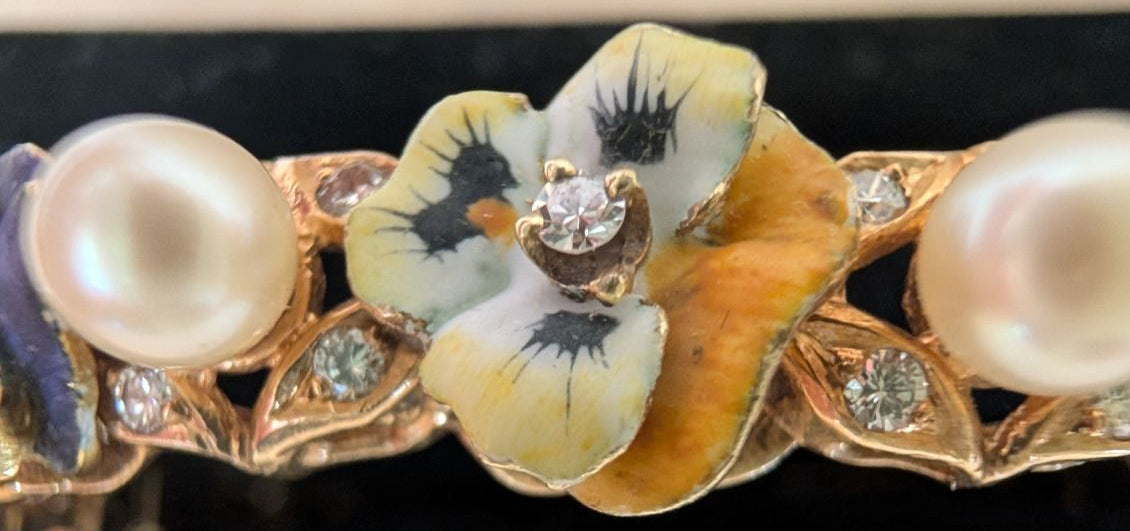 14KG Van Gogh enameled Bangle Bracelet - pansies, pearls, diamonds!