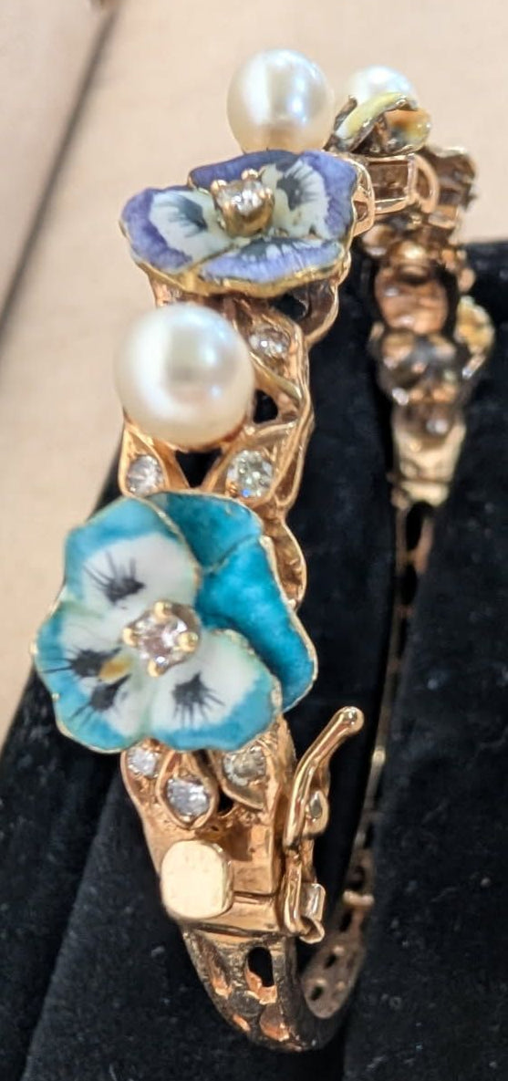 14KG Van Gogh enameled Bangle Bracelet - pansies, pearls, diamonds!