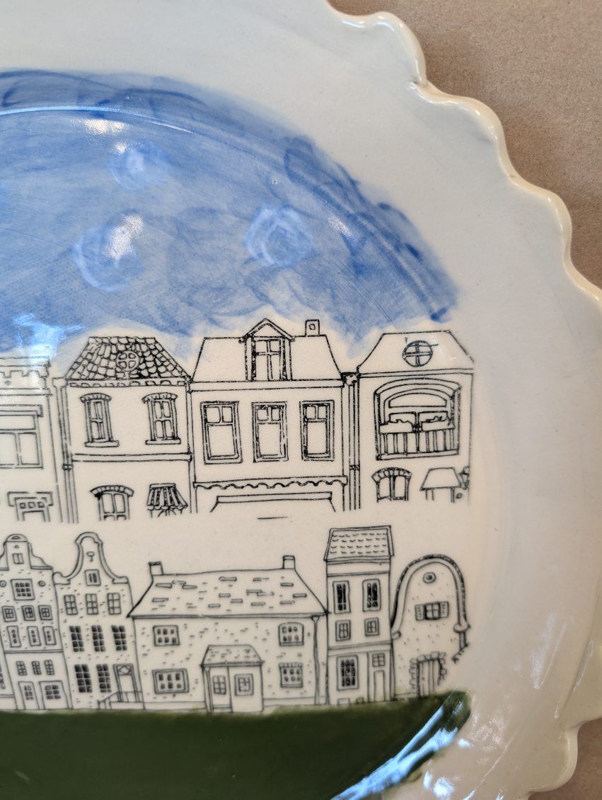 "Village Plate" Pottery food safe plate made by Cape Cod Artist Barbara Lavoine
