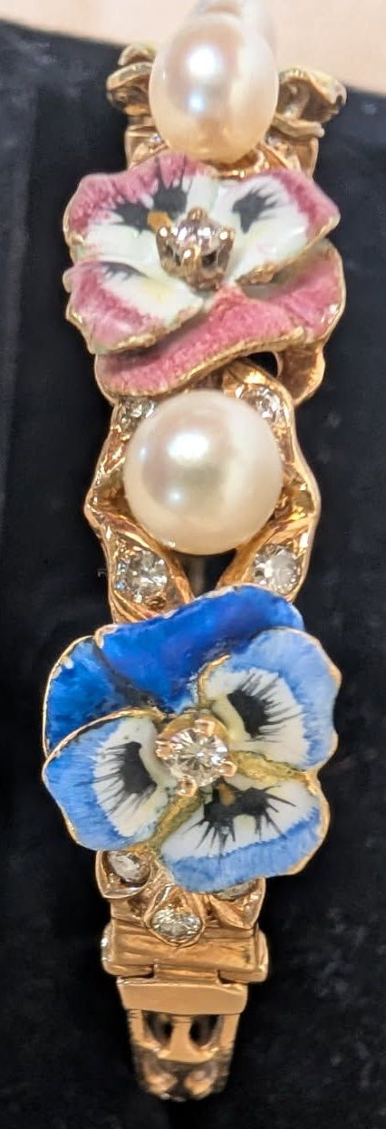 14KG Van Gogh enameled Bangle Bracelet - pansies, pearls, diamonds!