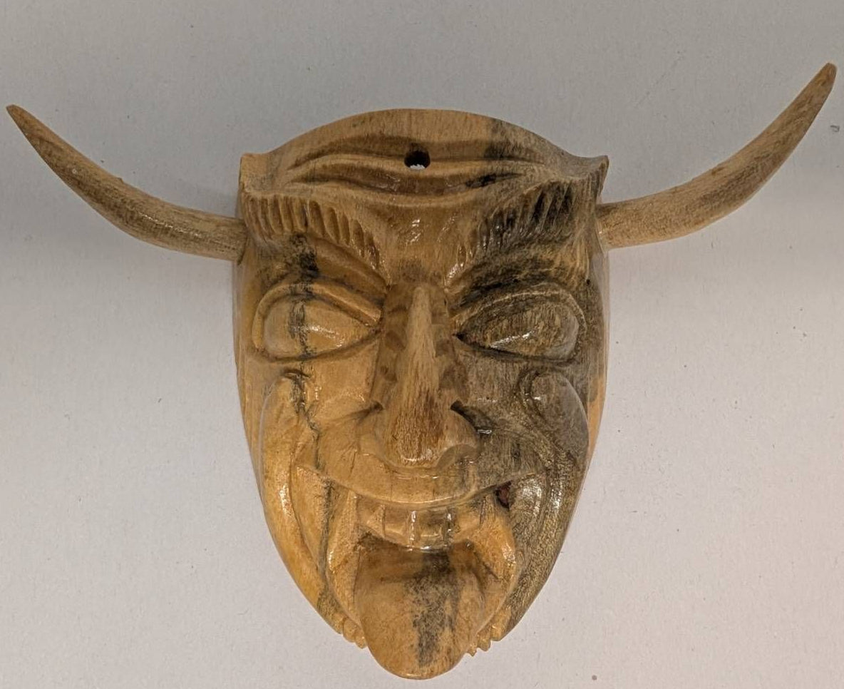 Vintage Mexican Guerrero Devil mini mask wearable as necklace.