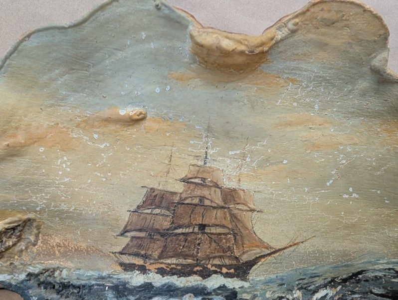 antique Hand Painted ship on a fossilized mushroom