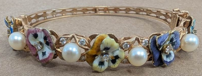 14KG Van Gogh enameled Bangle Bracelet - pansies, pearls, diamonds!