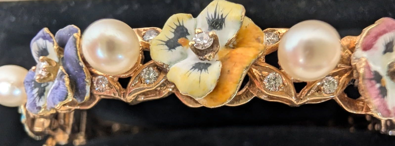 14KG Van Gogh enameled Bangle Bracelet - pansies, pearls, diamonds!