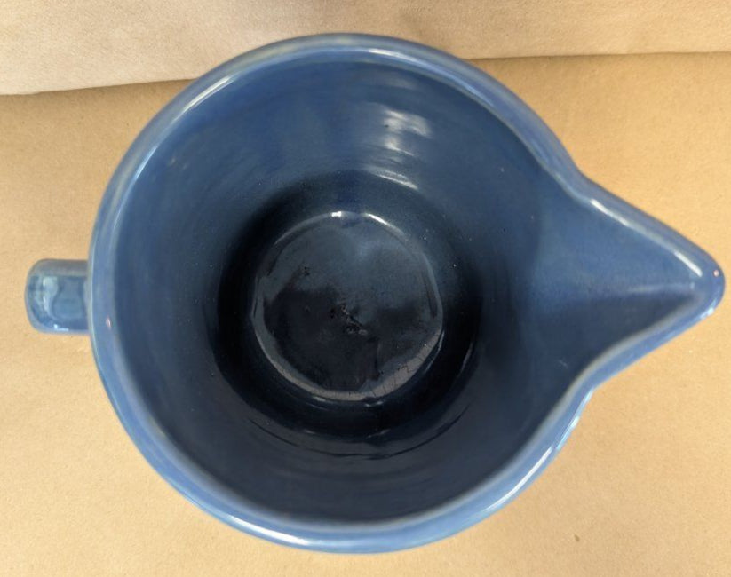 Vintage USA blue Pottery Ribbed Pitcher