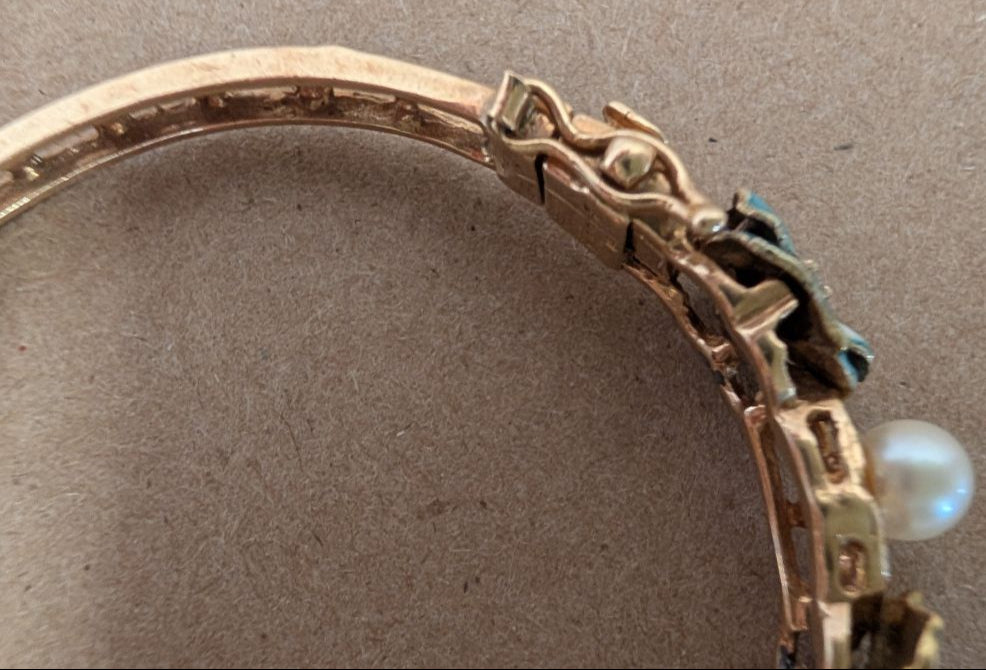 14KG Van Gogh enameled Bangle Bracelet - pansies, pearls, diamonds!