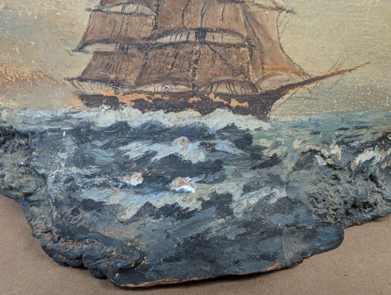 antique Hand Painted ship on a fossilized mushroom