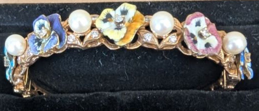 14KG Van Gogh enameled Bangle Bracelet - pansies, pearls, diamonds!