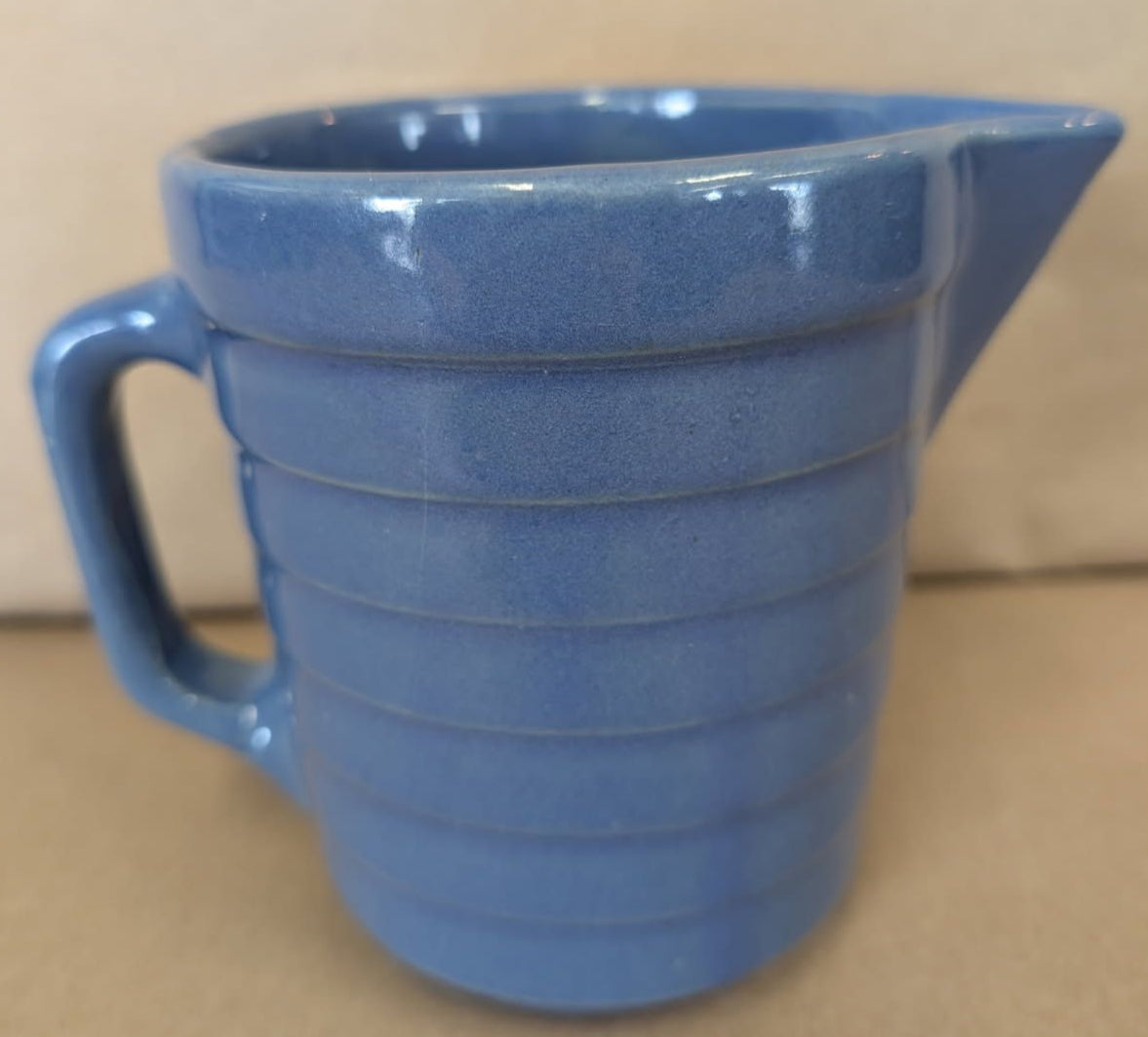 Vintage USA blue Pottery Ribbed Pitcher