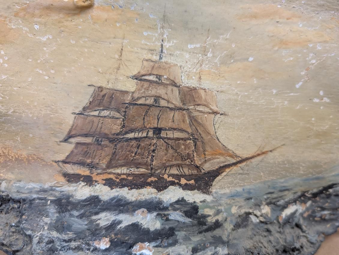 antique Hand Painted ship on a fossilized mushroom