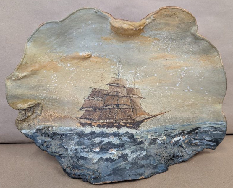 antique Hand Painted ship on a fossilized mushroom